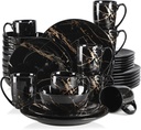 LOVECASA 32 Piece Set 8 Black Gold Dish Porcelain Dinnerware Sets Plates & Bowl