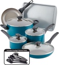 15 Piece, Teal Farberware Dishwasher Safe Nonstick Cookware Pots and Pans Set,
