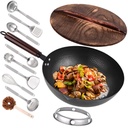 12.8" Carbon Steel Wok-11Pcs Woks & Stir Fry Pans Wok Pan with Lid, No Chemical
