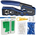Hiija LAN Network Cable Tester + RJ45 Crimp Tool Pass through CAT6 Cat5E Cat5 Crimping Tool Kit for RJ45 Regular, 50PCS CAT6 Pass through Connectors, Mini Wire Stripper, Wire Cutter Plier