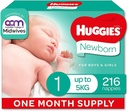 Huggies Size 1 Newborn (Up to 5 Kg) Ultimate Nappies, Unisex 216 Count FREE SHIP
