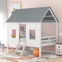 SOFTSEA Low House Loft Bed of Kids Bedroom, Wood Low Loft Bed with Windows and Roof, Wood Slats and No Box Spring Needed