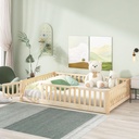 Lostcat Full Size Floor Bed Frame with Safety Fence and Door, Wood Montessori Floor Bed with Slat Support,Toddler Floor Bed Frame for Kids Girls Boys,No Box Spring Needed, Natural