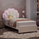 Homfa Twin Size LED Bed Frame with Drawer, Velvet Upholstered Platform Bed with Adjustable Petal Headboard for Kid, Beige