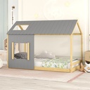 Wooden Kids House Bed with Roof and Window, Twin Size Floor Bed Montessori Bed Frame with Slats for Toddler Kids Teens Boys and Girls, House Platform Bed Frame, Easy Assembly, Gray+Natural