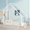 Twin Size Metal House Bed Platform Bed Montessori Bed Frame, Twin Size Floor Bed Frame without Slats for Toddlers Kids Boys Girls, Can Be Decorated, 77.2"L X 41"W X73.1"H, White