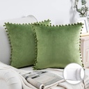 Phantoscope Throw Pillow with Insert，Silky Velvet Series Pom Pom Decorative Pillow, 20" X 20", Green, 2 Pack