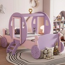 CITYLE Twin Size Princess Bed with Crown, Wood Carriage Shaped Platform Car Bed with Stair, for Kids Girls Toddler, Purple & Pink