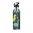 Water Bottle with Straw Lid Leak Dinosaur Cartoon Green Dinosaur Black Stainless Steel Insulated Thermos Vacuum Flask for Cold Hot Drinking for Sports Camping Gym Yoga