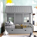 Twin Size House Bed with Fence and Trundle for Kids, Wooden Daybed Montessori Bed Frame with Roof and Slats System, 2-In-1 Platform Bed for Children Bedroom, Gray