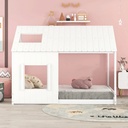 Bellemave Full Size Kids House Bed, Montessori Floor Bed with Roof and Windows, Wood Kids Playhouse Bed Frame with Slats for Girl & Boys (White)