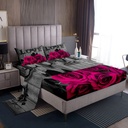 Hot Pink Rose Flowers Sheet Set Twin Retro Rustic Rose Floral Bed Sheets Valentine'S Day Couple Bedding Set for Kids Adults,Romantic Botanical Fitted Sheet Black Grey Flat Sheet + 1 Pillow Case