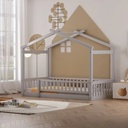 Twin Size House Bed, Wood Floor Bed with Fence and Roof, Montessori Bed Playhouse Bed Toddler Bed Frame for Kids Girls and Boys, Gray