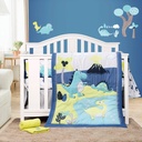 8 PC Dinosaur Crib Bedding Set for Baby Boys, Blue Nursery Set with Quilt/Sheet/Dust Ruffle/Blanket/Diaper Stacker/3 Wall Stickers