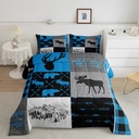 Deer Antlers down Comforter Twin,Geometric Plaid Patchwork Quilt for Kids Teens Adult,Farmhouse Bear Moose Comforter Set Camping Hunting Rustic Lodge Duvet Insert with 1 Pillow Case,Grey Black Blue