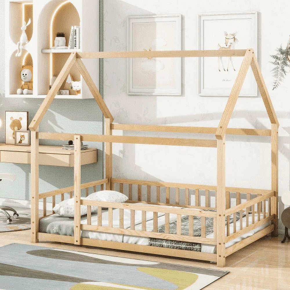 Montessori Full Size Floor Bed with Fence for Kids