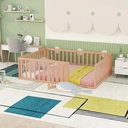 Full Size Floor Bed, Solid Wood Floor Platform Bed Frame with Fence Guardrails and Fun Small Door, Multifunctional Montessori Bed without Support Slats for Kids Toddlers Boys Girls, Natural