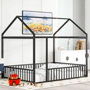 Full Size Metal House Bed Frame with Rails, Montessori Floor Bed for Toddler, Kids, Boys, and Girls without Slats (Black)