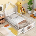 PAPROOS Twin Size Floor Bed for Toddlers, Wood Floor Platform Bed with House-Shaped Headboard, Fence and Door, Twin Montessori Bed Frame for Kids, No Box Spring Needed, White