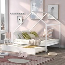 Full Size House Bed with Twin Size Trundle, Wooden Platform Bed Frame with Slats Support Playhouse Floor Bed Montessori Bed Frame for Kids Toddlers Teens, No Box Spring Needed, White
