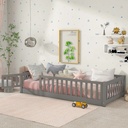 Toddler Floor Bed Twin Size, HSUNNS Wood Playhouse Floor Bed for Toddler, Twin Size Montessori Platform Bed for Boys Girls, with Fence and Door, No Box Spring Needed, Slats Support, Gray