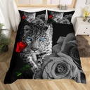 YST Leopard Duvet Cover,Red Rose Flower Cheetah Boys Twin Size Bed Sets for Kids Girls,Safari Panther Floral Comforter Cover,Wild Animal Romantic Black White Room Decor 2Pcs Bedspread Cover