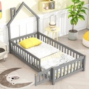 Toddler Floor Bed, BTMWAY Twin Size Wood Floor Bed with House-Shaped Headboards & Frences & No Slats Support, Twin Size Montessori Toddler Bed for Boys Girls Kids, Low to Ground Height, Gray