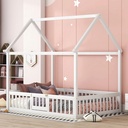 Montessori Bed/Full Size House Floor Bed for Toddlers, Kids Girls, Boys, Montessori Floor Bed with Rails and Door,Toddler House Bed(White)
