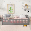 Twin Size Floor Bed, Floor Platform Bed with Door for Kids Toddlers Teens, Wood Montessori Bed Frame with Fence Guardrails, Playhouse Bed Kids Fence Bed Playpen Bed, No Box Spring Needed, Gray