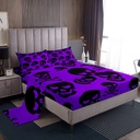 Halloween Skull Sheet Set Skeleton Bone Head Sheets Twin for Boys Juvenile Young Man,Skull Skeleton Bed Sheets Set Halloween Decorations Bed Set with 1 Pillowcase, Black Purple