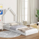 PAPROOS Twin Floor Platform Bed for Kids, New Upgraded Floor Bed with House-Shaped Headboard and Handrails, Twin Size Montessori Playhouse Bed for Girls Boys, No Box Spring Needed, White