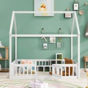 Full Size House Bed, Wood Floor Bed with Door and Fence, Floor Bed Montessori Bed, Fence Bed Playpen Bed, for Toddlers/Teens/Girls/Boys,Can Be Decorated, White