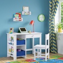 Riverridge Kids Desk and Chair Playroom Set with 2 Art Storage Cubbies, 2 Side Bookshelves, and 2 10" Floating Bookshelves- White