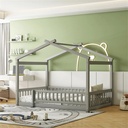 Wooden Full Size House Bed Frame for Kids, Toddler Floor Bed with Roof and Fence, Classic Design Montessori Bed for Toddlers, Teens, Boys or Girls, Box Spring Not Required, Gray