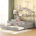 Bellemave House Bed with Trundle, Wood Montessori Bed with Storage Shelves, Kids Full Size Bed Frame with Fence Railings for Toddlers Girls Boys (Full, Gray)