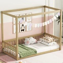 Miniyam Floor Bed, Twin Size Canopy Bed Frame with Guardrails, Natural
