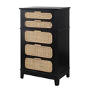 Benjara Dana 46 Inch Tall Dresser Chest, Pine Wood, Woven Rattan, 5 Drawers, Black