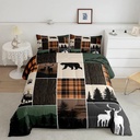 Rustic Cabin Comforter Set Twin Size, Hunting Bear Deer down Comforter for Kids Teens Adult, Farmhouse Moose Quilt Vintage Plaid Tree Growth Ring Duvet Insert 2 Pcs with 1 Pillow Case, Grey Brown
