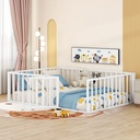 Irerts Full Floor Bed Frame, Metal Full Size Montessori Floor Bed Frame with Fence and Door, Kids Toddler Floor Bed Frame Full Size for Girls Boys, Twin Bed Frame without Bed Slats, White