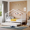 Twin Size House Bed with Twin Size Trundle, Wooden Platform Bed Frame with 10 Sturdy Slats Support Playhouse Montessori Bed Frame Floor Bed for Kids Toddlers Teens, No Box Spring Needed, White