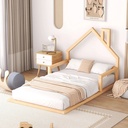 Euroco Twin Size Wood Floor Bed for Kids Room, Toddler House Bed, Natural