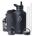 Buzio 64 Oz Insulated Water Bottle with Straw & 3 Lids, Half Gallon Water Bottle Stainless Steel with Carrying Strap for Gym Sports Outdoor Hiking, Black