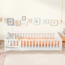 Kids Twin Size Floor Bed Frame, Wood Montessori Bed Frame with Fence and Door for Toddlers, Boys and Girls, Wooden Floor Twin Platform Bed with Support Slats, No Box Spring Needed, White