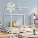 Kids House Bed Frame, Full Size Floor Platform Bed Frame for Toddlers, Boys and Girls, Wood Montessori Bed Tent Bed without Slats, 78"L X 56.3"W X 76"H, White