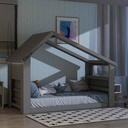 Children Wooden Floor Bed with LED Light, Montessori House Bed with Roof Window, Twin Size Bed Frame for Toddlers Teens Girls Boys, No Box Spring Needed, Gray