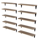 Wallniture Set of 10 Wall Mounted Rustic Floating Wood Wall Shelves with Metal Brackets, Natural Burnt