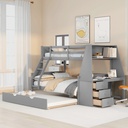 EUROCO Wood Twin over Full Bunk Bed with Twin Trundle, Built-In Desk with Shelf and 3 Drawers for Kids Teens Adults, 3-In-1 Beds, Gray