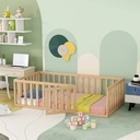 Twin Size Floor Bed with Fence and Fun Small Door for Kids Toddler, Montessori Daybed Platform Bed Frame for Bedroom, Natural