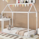 Bellemave Twin Size House Bed, Metal Floor Bed Frame for Kids, Full Montessori Bed with Steel Slats Support for Toddler Boys Girls Teens, No Box Spring Needed （White)