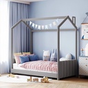 Bellemave Twin Size House Bed for Kids, Velvet Montessori Floor Bed with Headboard & Footboard, Twin Bed Frame for Toddlers Girls Boys （Twin, Grey)